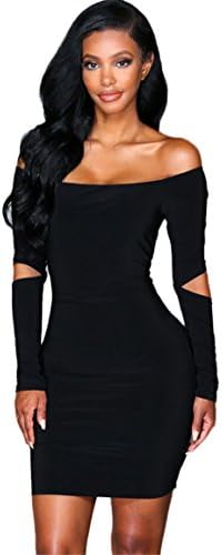 HN Sexy Women Off The Shoulde Bodycon Long Sleeve Club Party Cocktail Dress (M, Black)