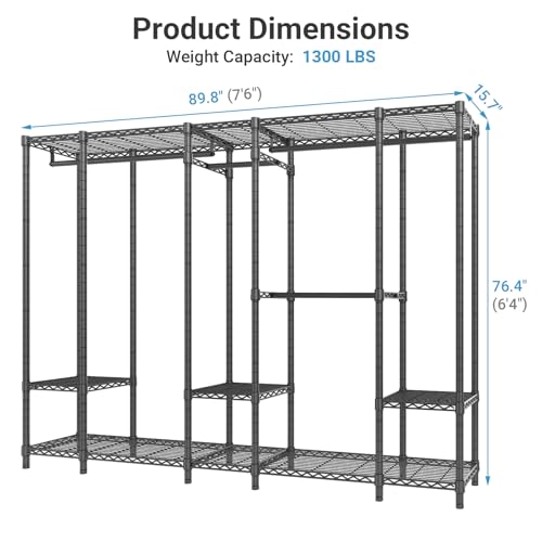 VIPEK V50 Extra Large Closet Rack Heavy Duty Garment Rack Freestanding Wardrobe with Shelves, Portable Metal Clothing Rack for Hanging Clothes, Adjustable Open Closet System, 1300 lb Capacity, Black