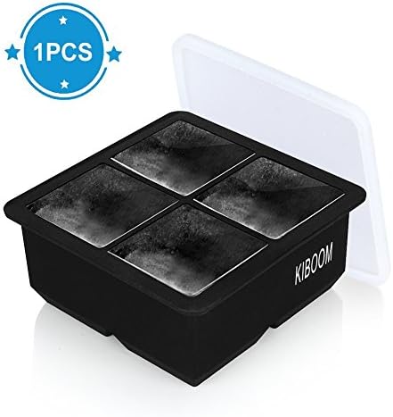 JuBaoM Ice Cube Mold, Large Tray with Lid &amp; Giant Ice Cube Molds For Cocktails &amp; Whiskey, Reusable &amp; BPA Free (4 Cavity Black,Pack of 1)