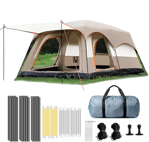 Large Family Standing Upright Camping Tent ，Multi-Room Tent with Screened Porch，Doors and Windows ，Oxford Fabric Waterproof Family Camping Tent for Outdoor,Picnic,Camping