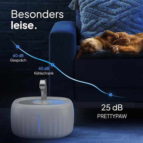 PrettyPaw Cat Fountain - Super Quiet, BPA-Free 3L Drinking Fountain for Cats with LED and Activated Carbon Filter - Easy to Clean Cat Drinking Fountain - Aqua Flow (White)