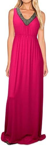 Elywish Women's Beaded V-Neck Empire Bodycon Formal Party Evening Maxi Dress