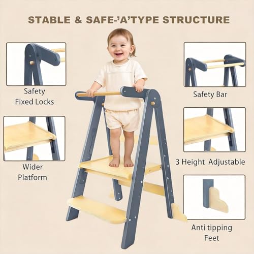 Learning Tower, Foldable Wooden Toddler Tower with Safety Rail, Kitchen Stool Helper, Standing Tower with 3 Adjustable Heights, Mother's Helper, Montessori Step Stools for Bathroom Sink