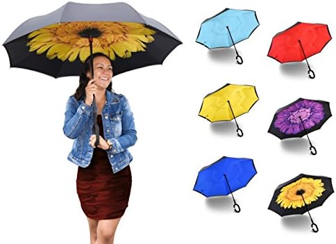 Best Inverted Rain Umbrella with Reusable Rain Shoe Covers | Multiple Designs by AACE Products| (Yellow Gerber Daisy)