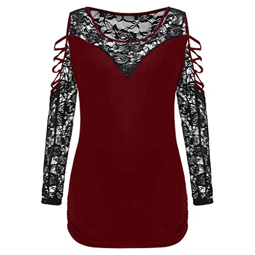 Blouse for Women Plus Size Elegant,SMALLE◕‿◕ Womens Fashion Criss Cross Cold Shoulder Splice Transparent Lace Blouse Wine