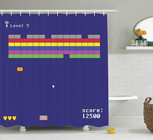 Video Games Shower Curtain Set Vintage Decor by Ambesonne, Playful Arcade Design with Colorful Square Shapes Blocks Super Funny Score Level Modern Graphic, Fabric Bathroom Decor with Hooks, Indigo