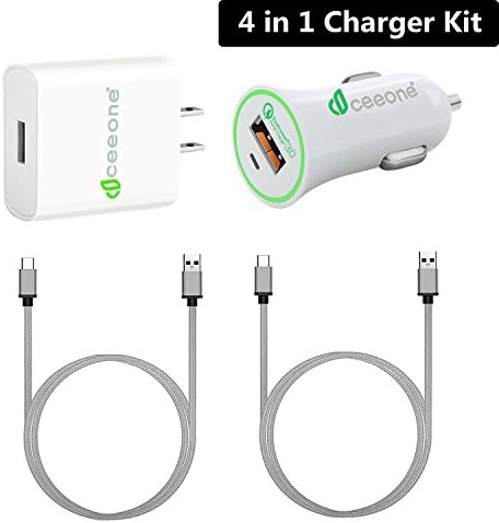 Quick Charge 3.0 Samsung S8 Charger Kit, CeeOne Qualcomm Certified USB Type C 4-in-1 Travel and Car Charger Kit with 2-Pack 5ft Nylon Cable for Samsung Galaxy S9/Note 8/S8 Plus, LG V20 and More(White)