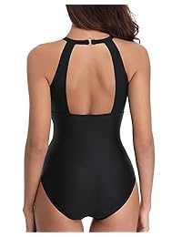 Holipick Traje de baño de una pieza de talle alto con malla fruncida y cuello alto transparente para dama