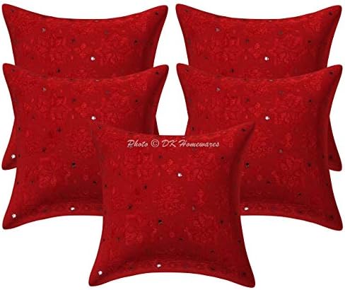 DK Homewares Cotton Bohemian Throw Pillow Covers 16x16 Set of 5 Red Indian Mirror Embellished Embroidered Pillowcases Boho 40x40 cm Square Cushion Covers