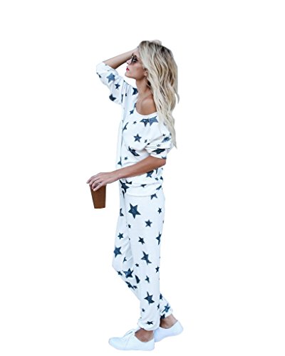 Mojessy Women's Pajamas Loungewear Set Star Print Long Sleeve Shirt + Pants Sleepwear Large White