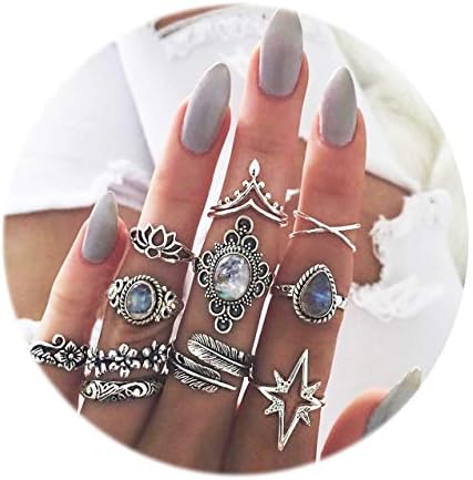 Gudukt Bohemian Knuckle Ring Set Vintage Silver Crystal Joint Knuckle Ring Set for Women