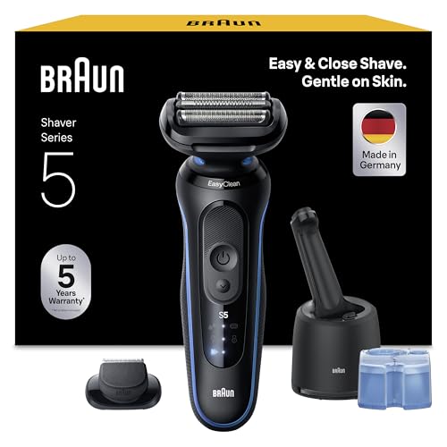 Braun Series 5 Elektrorasierer Herren, Rasierapparat mit 50 Min. Akku, 4in1 SmartCare Reinigungsstation, +1 Aufsatz, Kabelloser Nass- und Trockenrasierer für Männer, Wasserdicht, 52-B7200cc, Blau