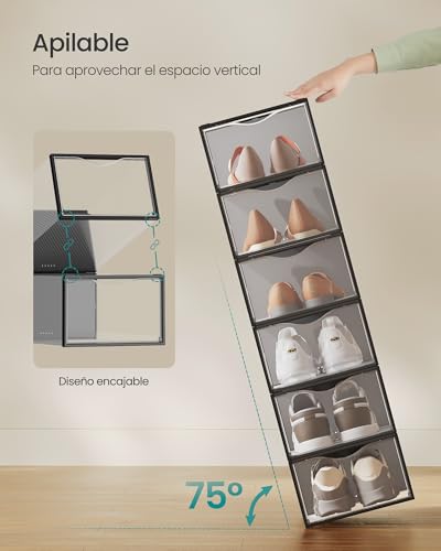 SONGMICS Cajas para Zapatos, Organizador de Zapatos de Plástico, Juego de 12, para Zapatos hasta 43, Transparente y Negro Tinta MLSP312B01