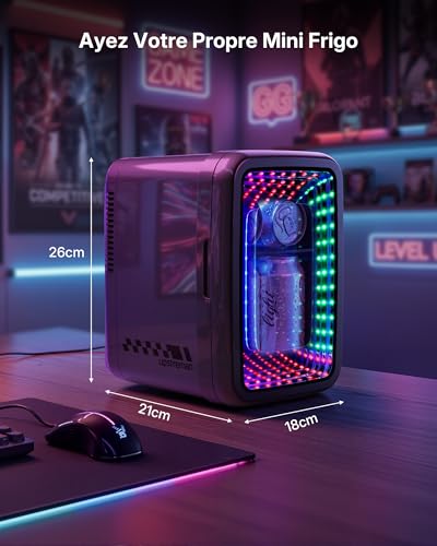 Upstreman Mini Fridge for Bedroom, 4 Liter/6 Cans, Mini Fridge with Infinite Lights, Cooling, 12V/220V, Mini Gaming Fridge for Game Room, Dorm, Car, Black, TR4-S