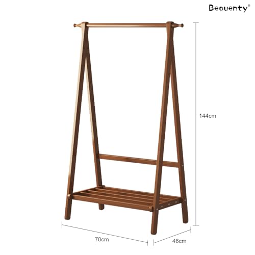 Beauenty Bamboo Clothes Racks, Freestanding Clothing Hanger with Storage Rack, Clothes Hanging Shoe Rack, Coat Organizer for Hotel, Hallway, Bedroom, Office (70x46x144 cm)