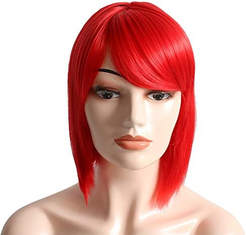 Short Straight Bob Wig With Oblique Bangs Synthetic Hair Extensions Cosplay Daily Party Anime Wig for Women Natural (12inches Red)
