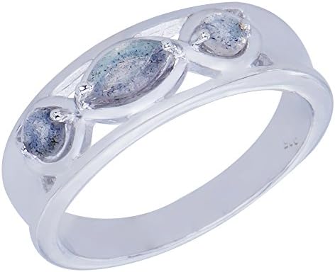 Elegant Genuine Natural Labradorite Gemstone Sterling Silver Marquise Shapes 3 stone Jewelry Womens Ring