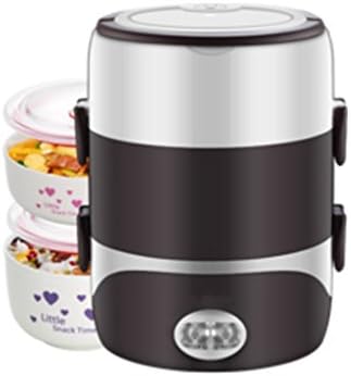 Electric Lunch Box Double Layer Pluggable Heating Automatic Insulation Hot Rice Artifact Portable Exquisite Anti-Dry Overheating Protection Small Cooking Pot(Stainless Steel And Ceramic Bowl),Coffee,21Cm*15Cm
