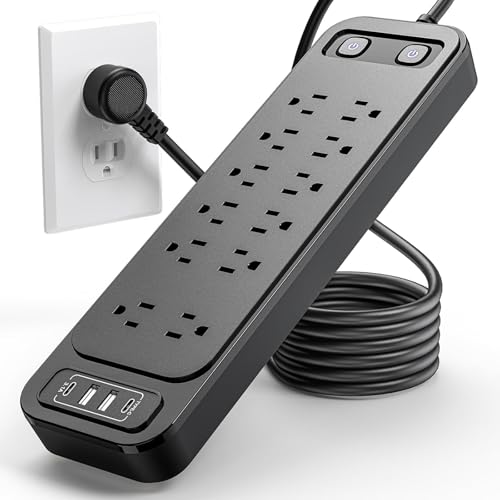 KIROGILY Multicontacto Regleta 16 en 1, con Extension Electrica Protector Supresor de Picos Voltaje, 1,8 M, 12 Salidas y 4 USB (2 USB-C), Sleek Socket, Perfecto para Hogar y Oficina