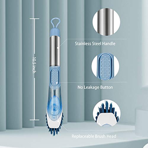 Neilgo 3-IN-1 Soap Dispensing Dish Brush Kitchen Scrub Brush Automatic Liquid Addition Brush Soap Control Dishwand Brush with Handle (Blue)