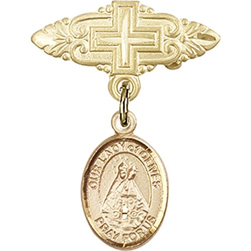14kt Yellow Gold Baby Badge with Our Lady of Olives Charm and Badge Pin with Cross 1 X 3/4 inches