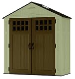 Suncast 6 ' x 3' Vertical Storage Shed - Outdoor Storage for Backyard Tools and Accessories - All-Weather Resin Material, Transom Windows and Shingle Style Roof - Wood Grain Texture