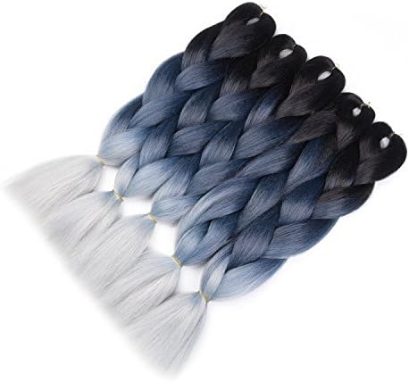 Ombre Kanekalon Jumbo Braids Hair Extensions BlondWigs High-temperature Synthetic Fiber Crochet Twists Braiding Hair Bulks 5Pieces/Lot 100g/Pcs(24Inch, #Black/Blue/Silver Grey)