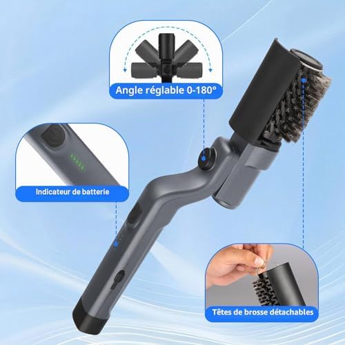 Brosse de nettoyage électrique améliorée pour gril, brosse de nettoyage de gril sans fil rechargeable avec angle réglable, tête de brosse en acier inoxydable, puissance à 3 vitesses, autonomie de 90