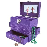 My Tiny Treasures Box Co. Love Ballerina Music Jewelry Box - Purple Three Drawers with Hearts Pink Trim and Mirror