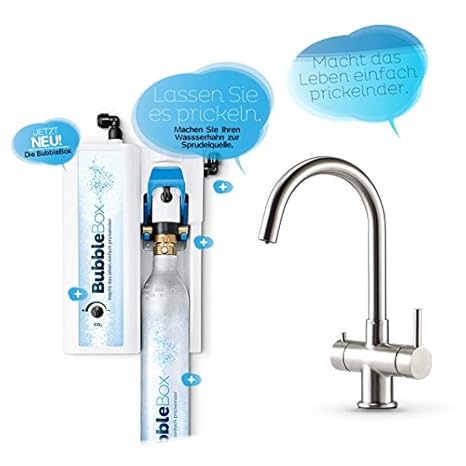 Sprudel aus dem Wasserhahn! Untertisch-Trinkwassersprudler BubbleBox inkl. 3-Wege-Armatur IMPREZA INOX und Anschluss-Set. Mac