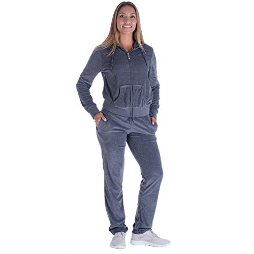 Tanbridge Women's 2 Piece Solid Velvet Tracksuit Set Full Zip-up Hooded Sweatshirts & Pants Set (Dk.Grey,M) - Thumbnail 6