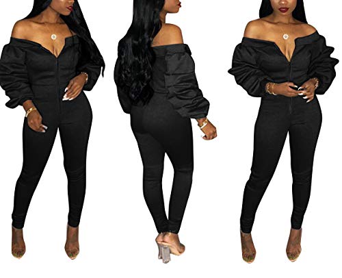 Ophestin Women Solid Long Sleeve Off Shoulder Zipper Front Sexy Jumpsuits Rompers Long Rompers Black XL