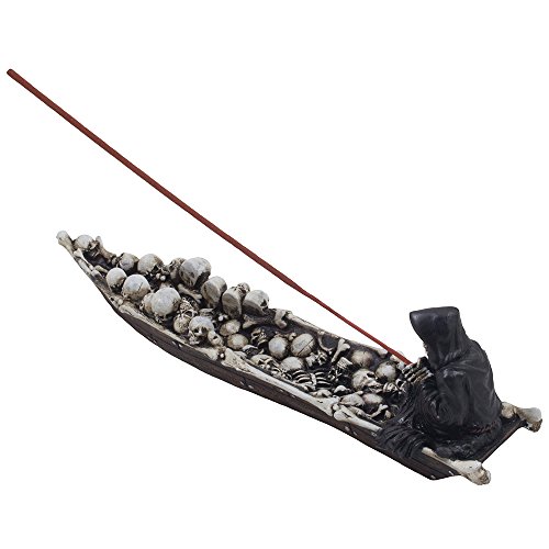 Home-n-Gifts 12-inch Scary Grim Reaper in Fishing Boat of Skulls Incense Holder, Multi-colored