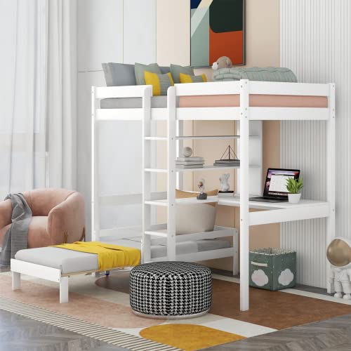White Twin Loft Beds with Desk,Wooden Twin Bunk Bed with Desk and Bookshelf,Convertible Loft Bed