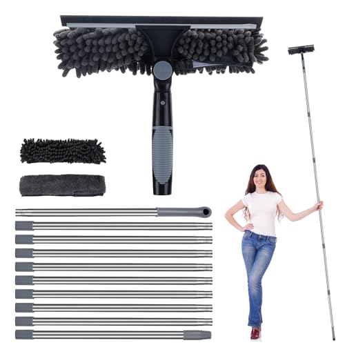 Telescopic Cleaning Stick 4 m, 2 in 1 Glass Cleaner | Telescopic Window Squeegee with 180° Swivel Head, High Outdoor Glass Cleaner (Grey)