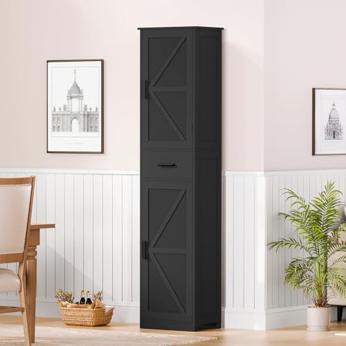 WEENFON Tall Bathroom Cabinet with 6 Shelves, Narrow Bathroom Storage with 2 Doors, Narrow Storage Cabinet, for Bathroom, Living Room, Kitchen, Black, 30×40×170CM