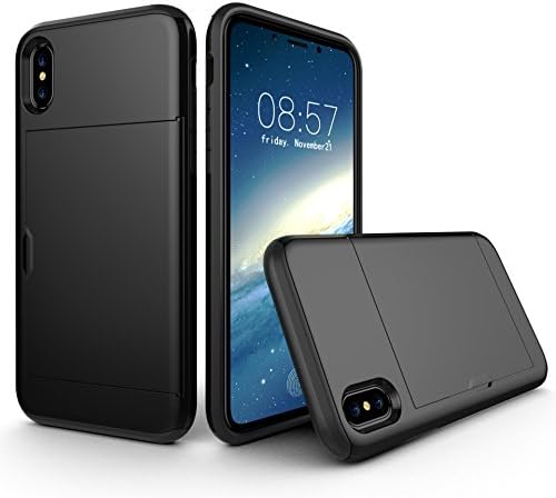 IPhone X slim Dual Layer card slot holder case + Ultra & crystal clear, Shatter proof, Scratch free Tempered glass (black)
