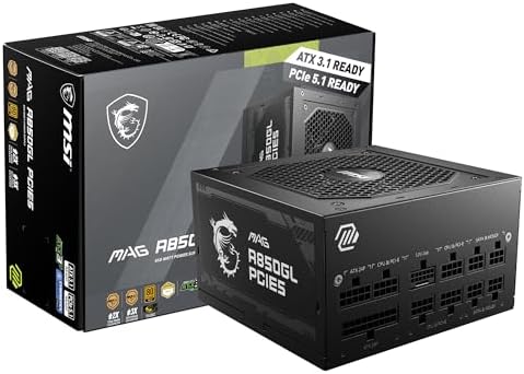 MSI MAG A850GL PCIE5, Fully Modular Compact Gaming 850W Power Supply, 80+ Gold, ATX 3.1 & PCIe 5.1 Ready, Native Dual-Color 12V-2x6 Cable, 10 Year Warranty