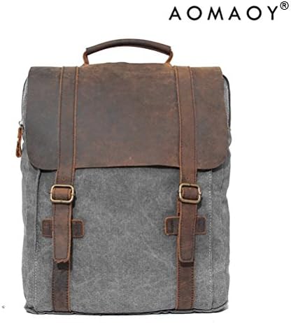 AOMAOY Leather Canvas Travel School Camping Backpack Rucksack Computer Laptop Bag (Grey)