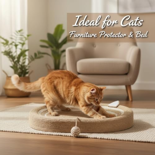 Beauenty Oval Cat Scratch Pad, Cat Scratcher Cardboard, Multifunctional Bed and Furniture Protector, Durable Sisal Material, with Ball Toy and Spacious Design for Fun and Rest