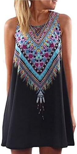 MUZOOE Women's Summer Sleeveless Tribal Printed Casual Mini Beach Floral Tunic Dress (XL, Black)