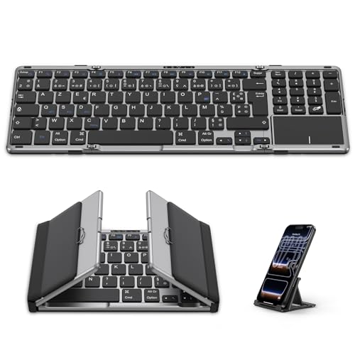 OMOTON Clavier sans Fil Pliable avec Pavé Tactile et Pavé Numérique, Clavier Bluetooth AZERTY Rechargeable, Multi-appareils, Portable Keyboard pour PC Tablette iPad Windows Mac Android