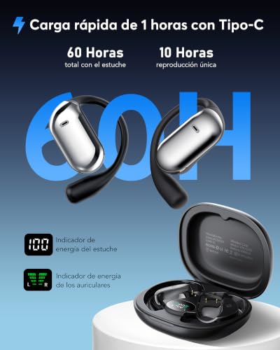 Pviwzux AI Auriculares Traductor en Tiempo Real, 8 Modos Traducción con 198 Idiomas, 3 en 1 Auriculares Traductores de Idiomas, 60H Cascos Oreja Abierta Bluetooth 6.1 para Viajes, Reuniones Negro