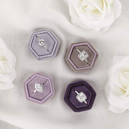 Koyal Wholesale Velvet Ring Box, Hexagon Vintage Wedding Ceremony Ring Box with Detachable Lid, 2 Piece Engagement Ring Box Holder, Modern Proposal Idea (Iris)