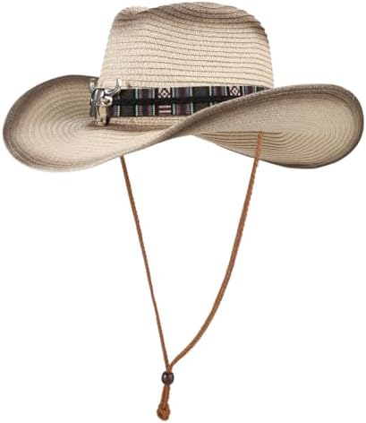 Wide Brim Straw Sun Hat with Wind Lanyard UV Protection Western Cowboy Style Men & Women main image 4