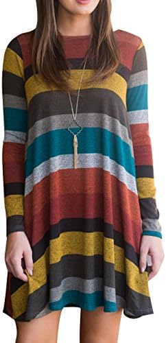 OLYR Women's Striped Long Sleeve Swing Casual Dress Round Neck Long Tunic Sweatshirt Tops Shirt (Multicolor-01, XXL)