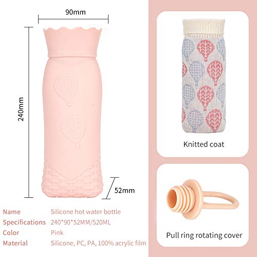 Microwave Heating Bottle Environmental Silicone Transparent Hot Water Bag with Knit Cover, Hot & Cold Therapies - Gift for Birthday, Christmas, Valentine's Day, Gift Exchange Party (Large, Pink)