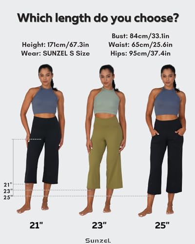 SUNZEL WIDE LEG CAPRI PANTS FOR WOMEN, HIGH WAISTED YOGA PANTS WITH POCKETS, TUMMY CONTROL LOOSE CASUAL CROPPED FLARE PANTS 23″ OLIVE GREEN LARGE