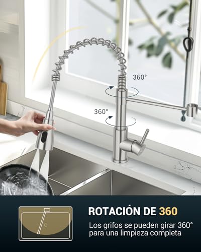 APPASO Grifo de cocina alta presión, grifo mezclador de cocina con 3 modos de rociado, grifo mezclador de fregadero de cocina giratorio 360°, acero inoxidable cepillado