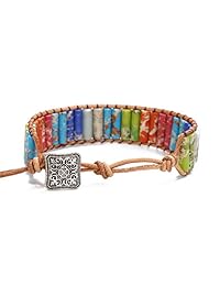 Pulsera de cuero para chakra de la marca SCIONE, hecha a mano, natural, imperial, curación, ansiedad, jaspe, para hombres y mujeres